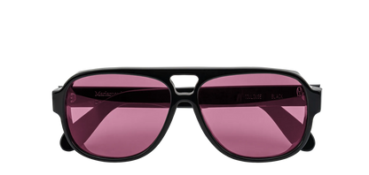 Vista frontale degli occhiali aviator modello Toulouse, con montatura nera e lenti color fucsia, chiusi