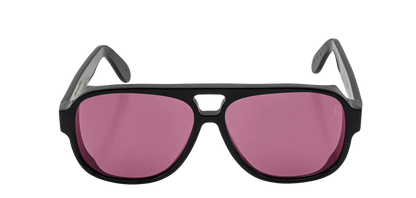 Vista frontale degli occhiali aviator modello Toulouse, con montatura nera e lenti color fucsia, aperti