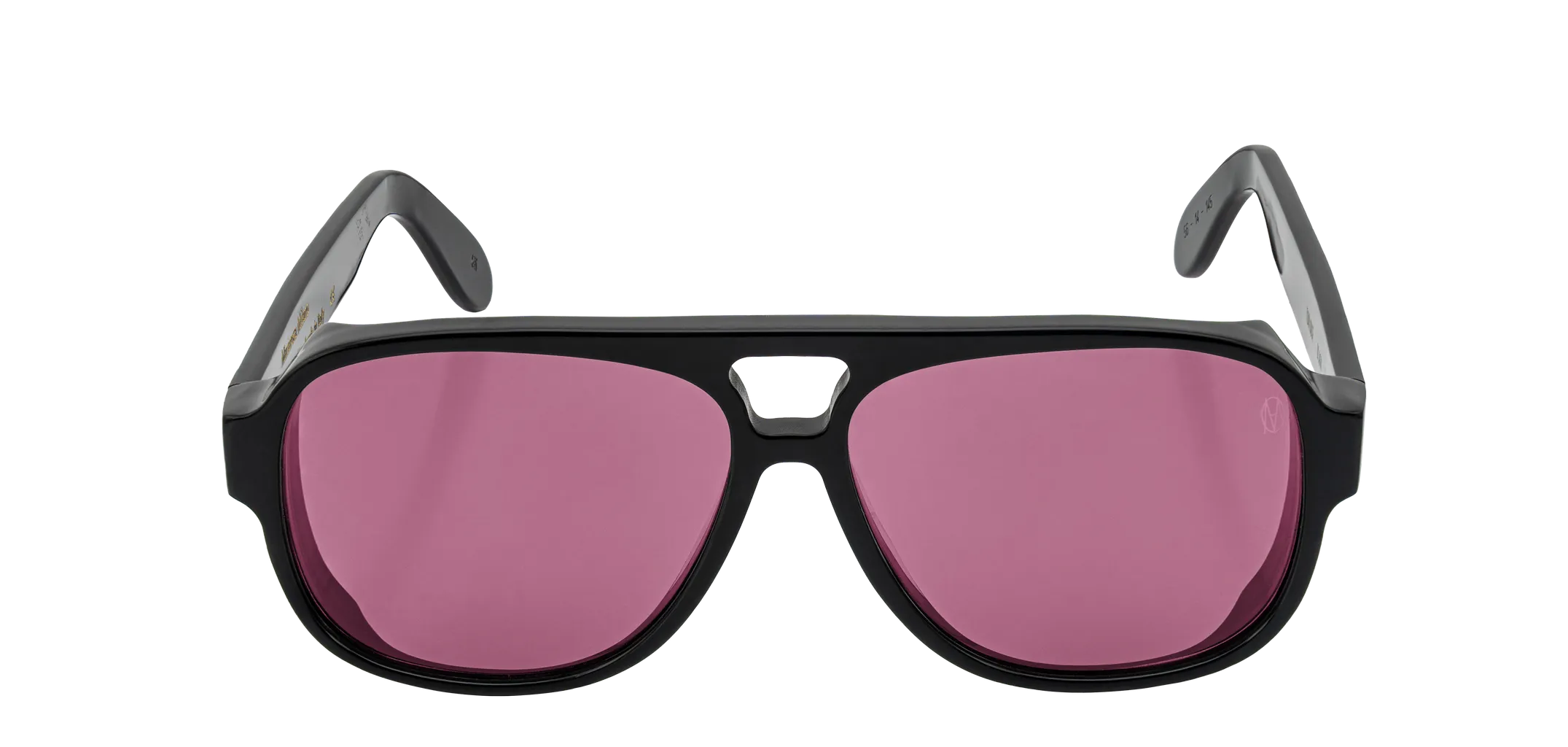 Vista frontale degli occhiali aviator modello Toulouse, con montatura nera e lenti color fucsia, aperti