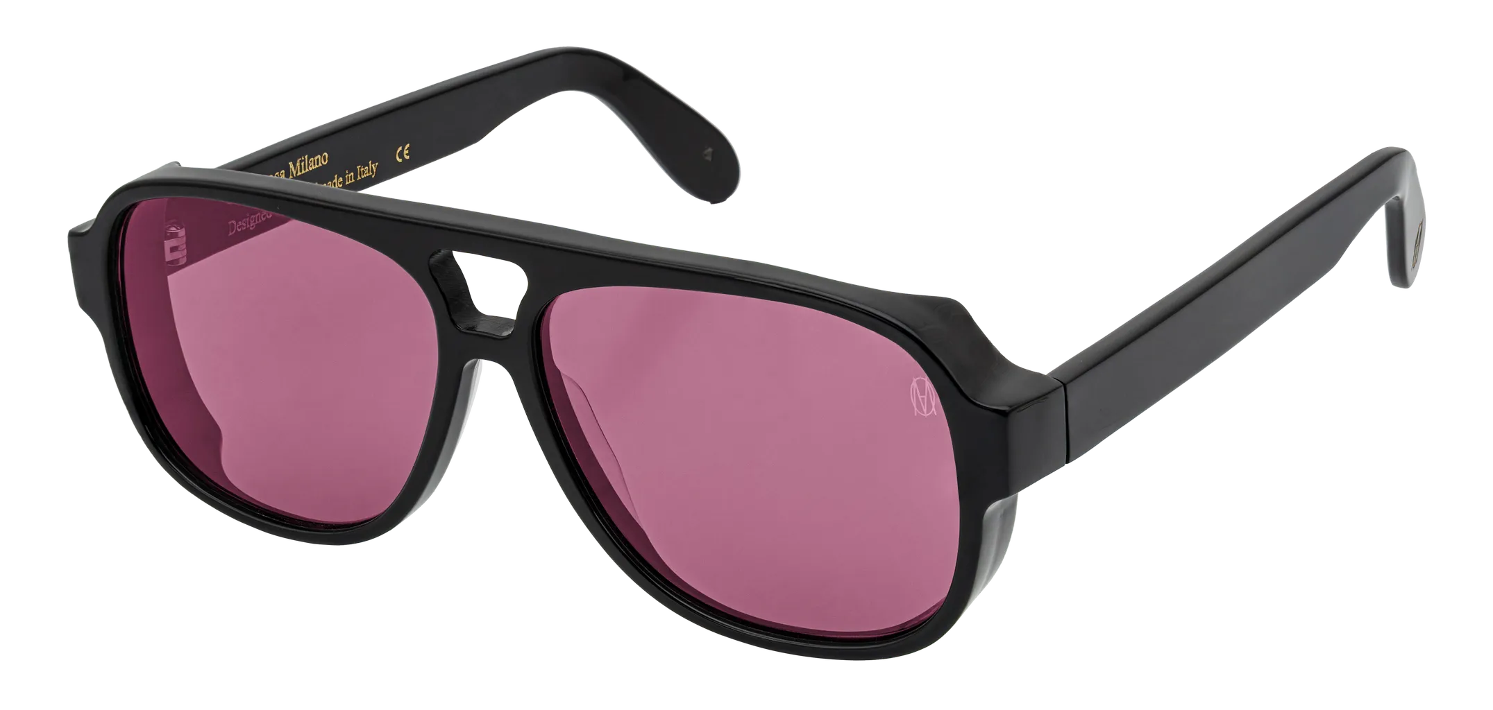 Vista a tre quarti degli occhiali aviator modello Toulouse, con montatura nera e lenti color fucsia, aperti