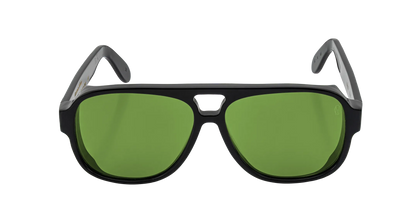 Vista frontale degli occhiali aviator modello Toulouse, con montatura nera e lenti color verde chiaro, aperti