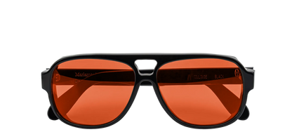 Vista frontale degli occhiali aviator modello Toulouse, con montatura nera e lenti color rosso, chiusi