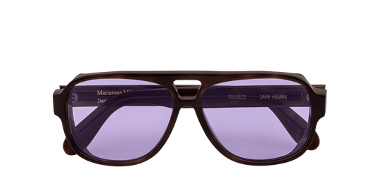 Vista frontale degli occhiali aviator modello Toulouse, con montatura tartarugata scura e lenti color viola, chiusi
