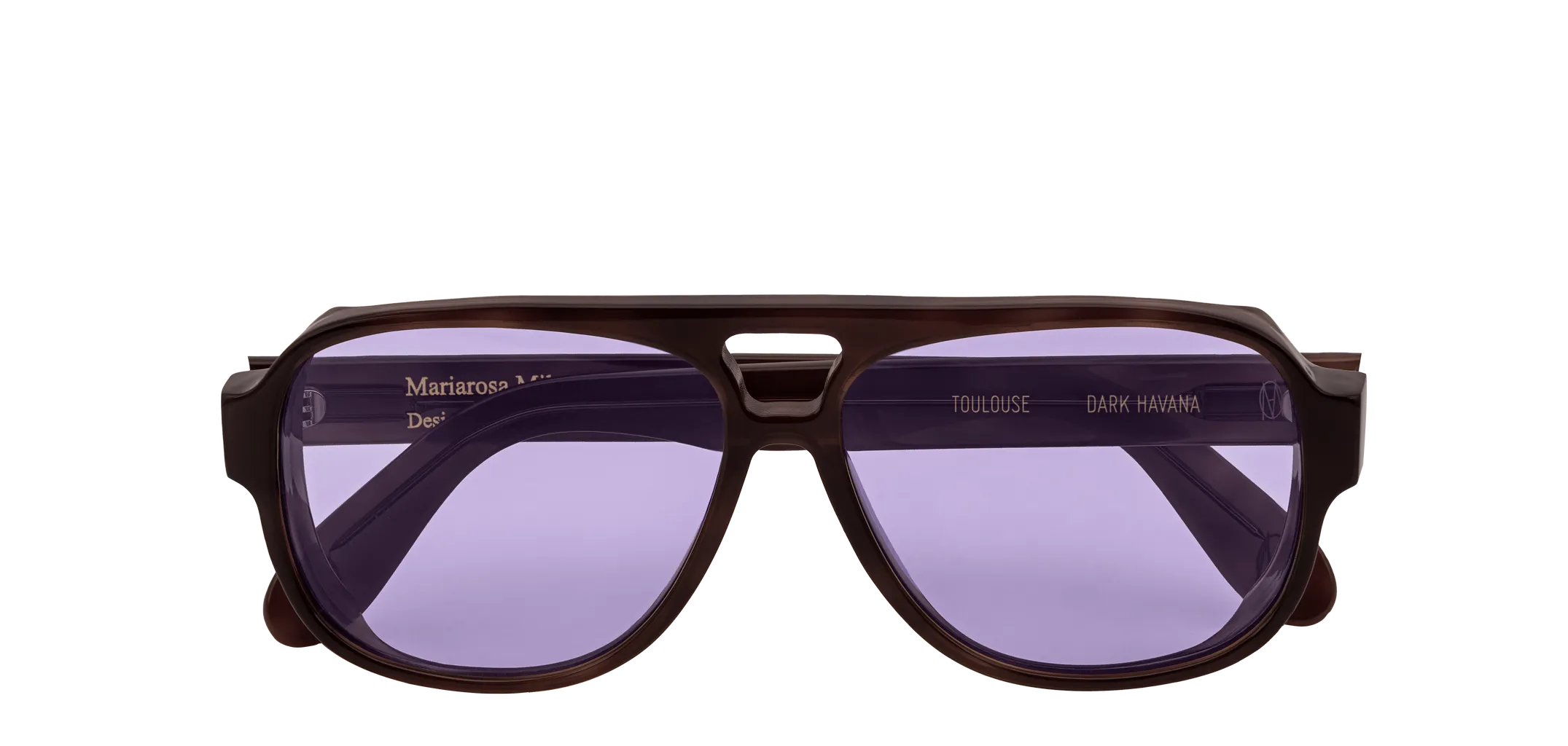 Vista frontale degli occhiali aviator modello Toulouse, con montatura tartarugata scura e lenti color viola, chiusi
