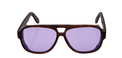 Vista frontale degli occhiali aviator modello Toulouse, con montatura tartarugata scura e lenti color viola, aperti