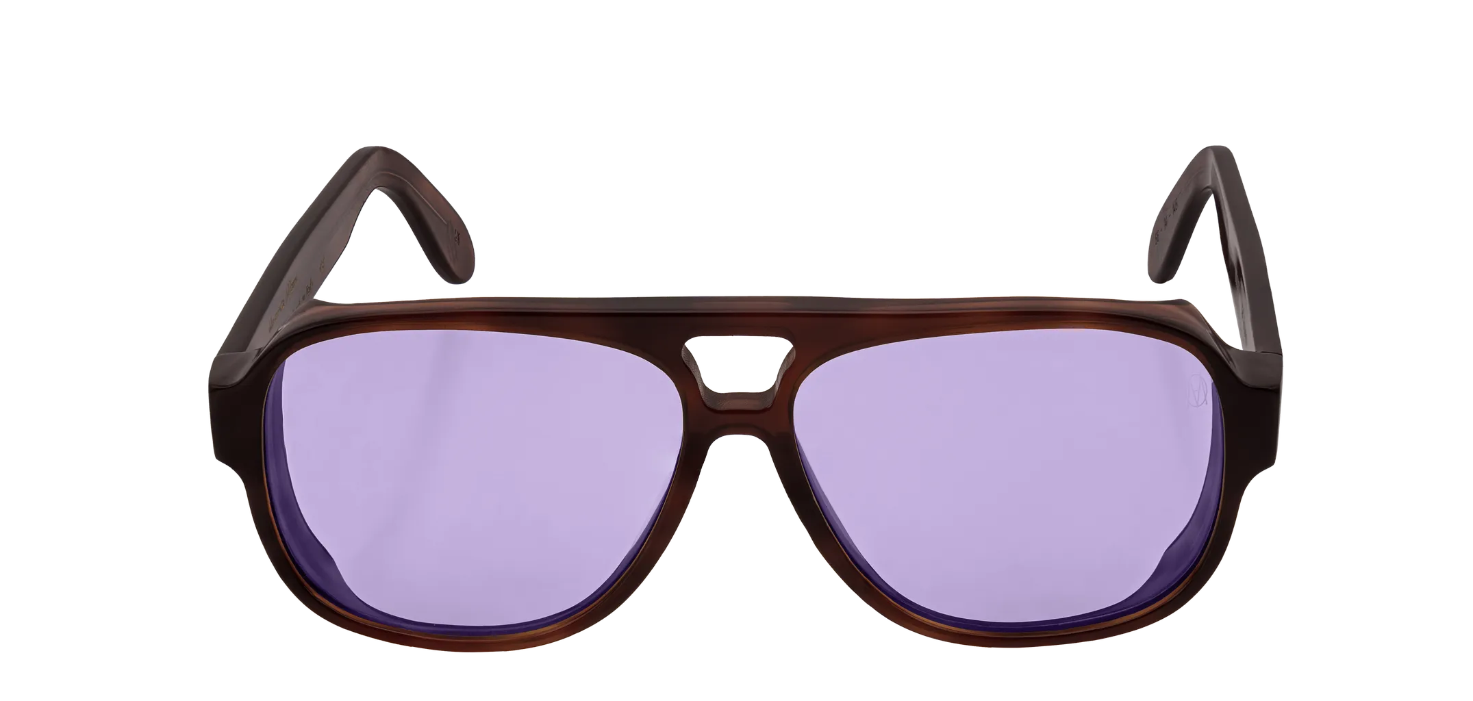 Vista frontale degli occhiali aviator modello Toulouse, con montatura tartarugata scura e lenti color viola, aperti