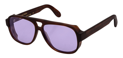 Vista a tre quarti degli occhiali aviator modello Toulouse, con montatura tartarugata scura e lenti color viola, aperti
