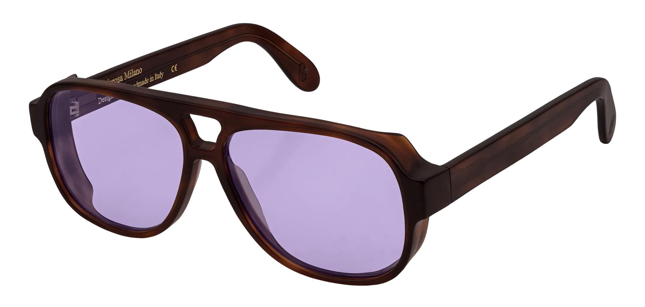 Vista a tre quarti degli occhiali aviator modello Toulouse, con montatura tartarugata scura e lenti color viola, aperti
