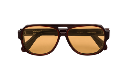 Vista frontale degli occhiali aviator modello Toulouse, con montatura tartarugata scura e lenti color arancio, chiusi