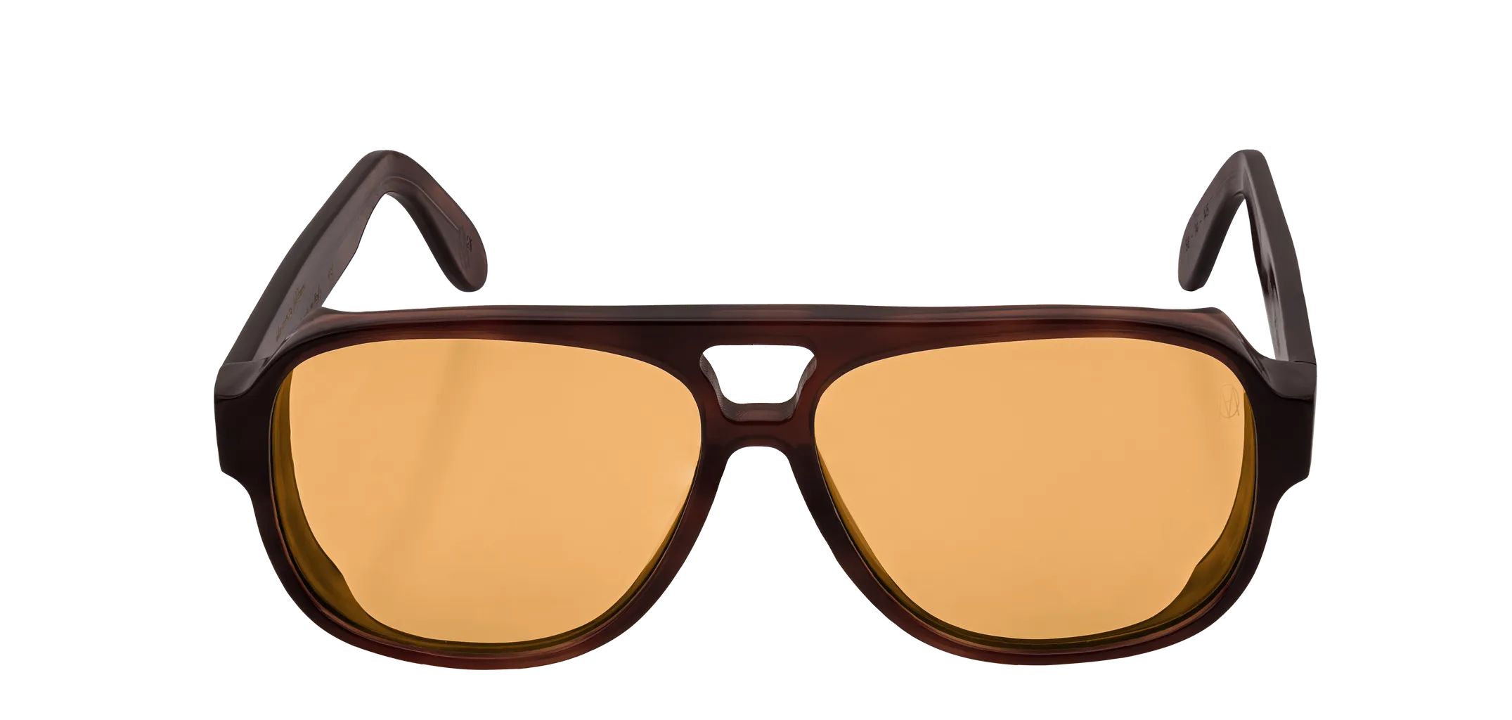 Vista frontale degli occhiali aviator modello Toulouse, con montatura tartarugata scura e lenti color arancio, aperti