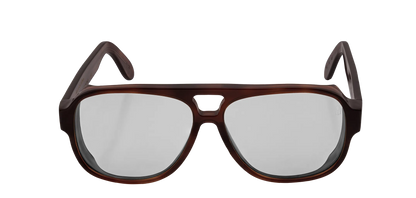 Vista frontale degli occhiali aviator modello Toulouse, con montatura tartarugata scura e lenti color grigio chiaro, aperti