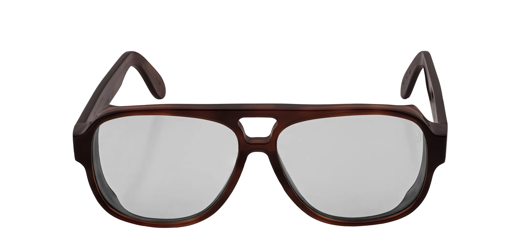 Vista frontale degli occhiali aviator modello Toulouse, con montatura tartarugata scura e lenti color grigio chiaro, aperti