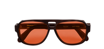 Vista frontale degli occhiali aviator modello Toulouse, con montatura tartarugata scura e lenti color rosso, chiusi