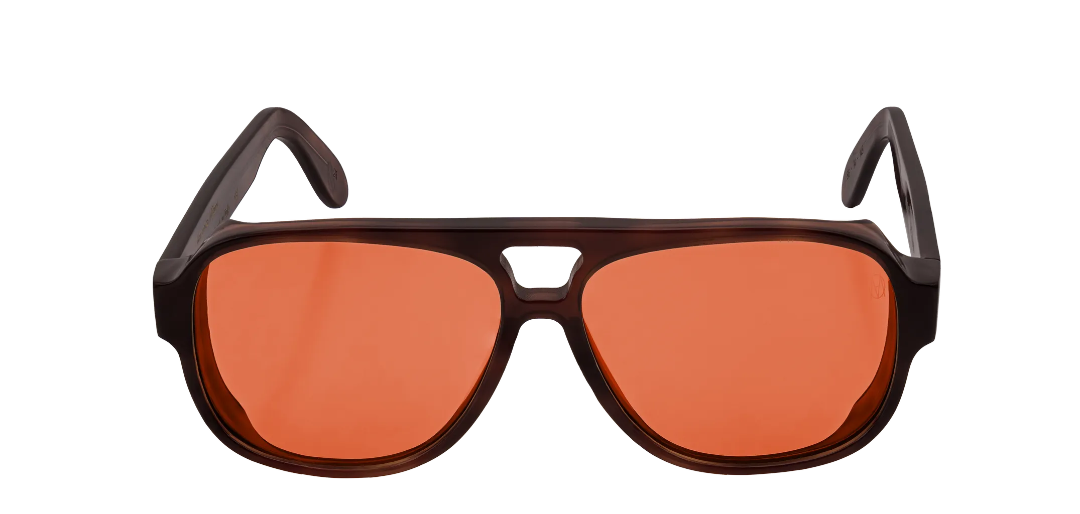 Vista frontale degli occhiali aviator modello Toulouse, con montatura tartarugata scura e lenti color rosso, aperti