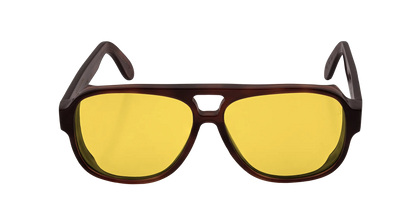 Vista frontale degli occhiali aviator modello Toulouse, con montatura tartarugata scura e lenti color miele, aperti