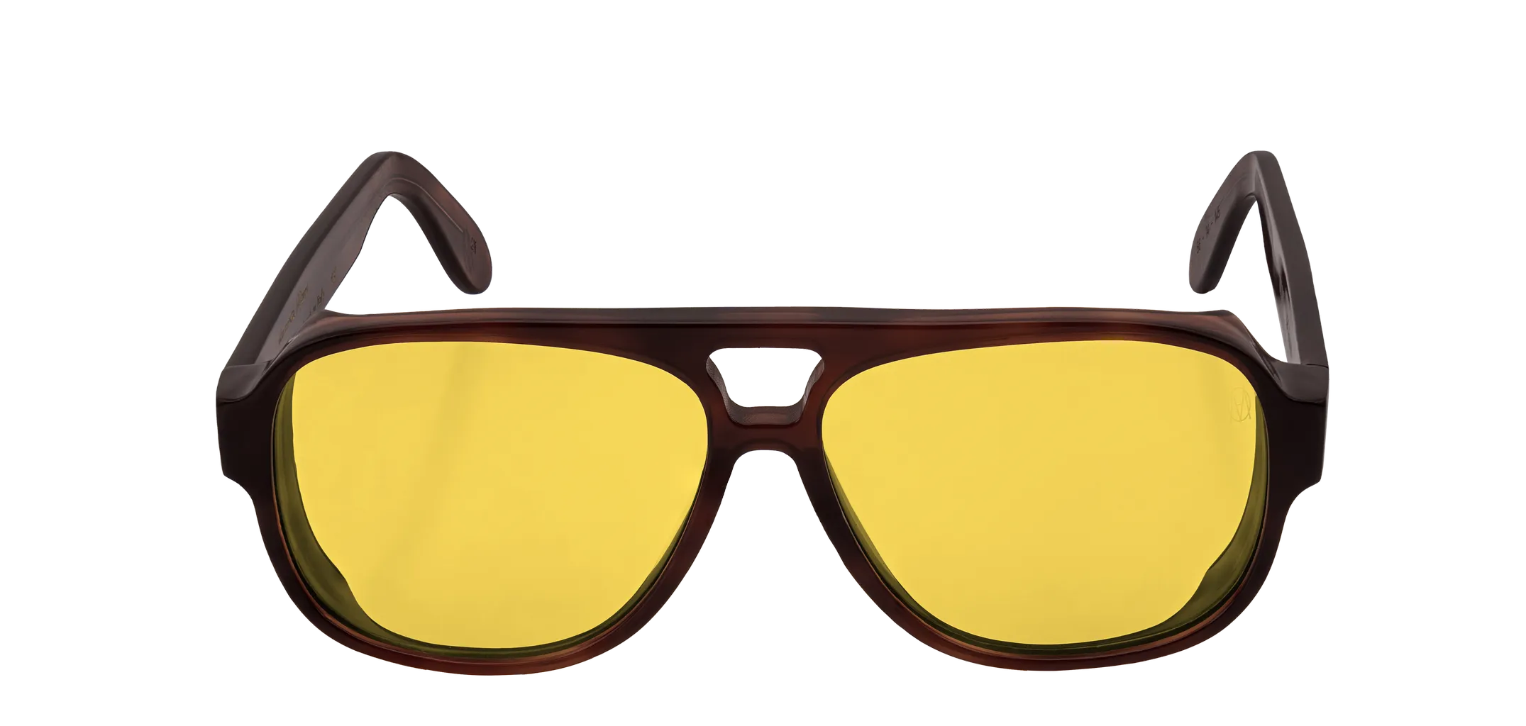 Vista frontale degli occhiali aviator modello Toulouse, con montatura tartarugata scura e lenti color miele, aperti