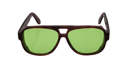 Vista frontale degli occhiali aviator modello Toulouse, con montatura tartarugata scura e lenti color verde chiaro, aperti