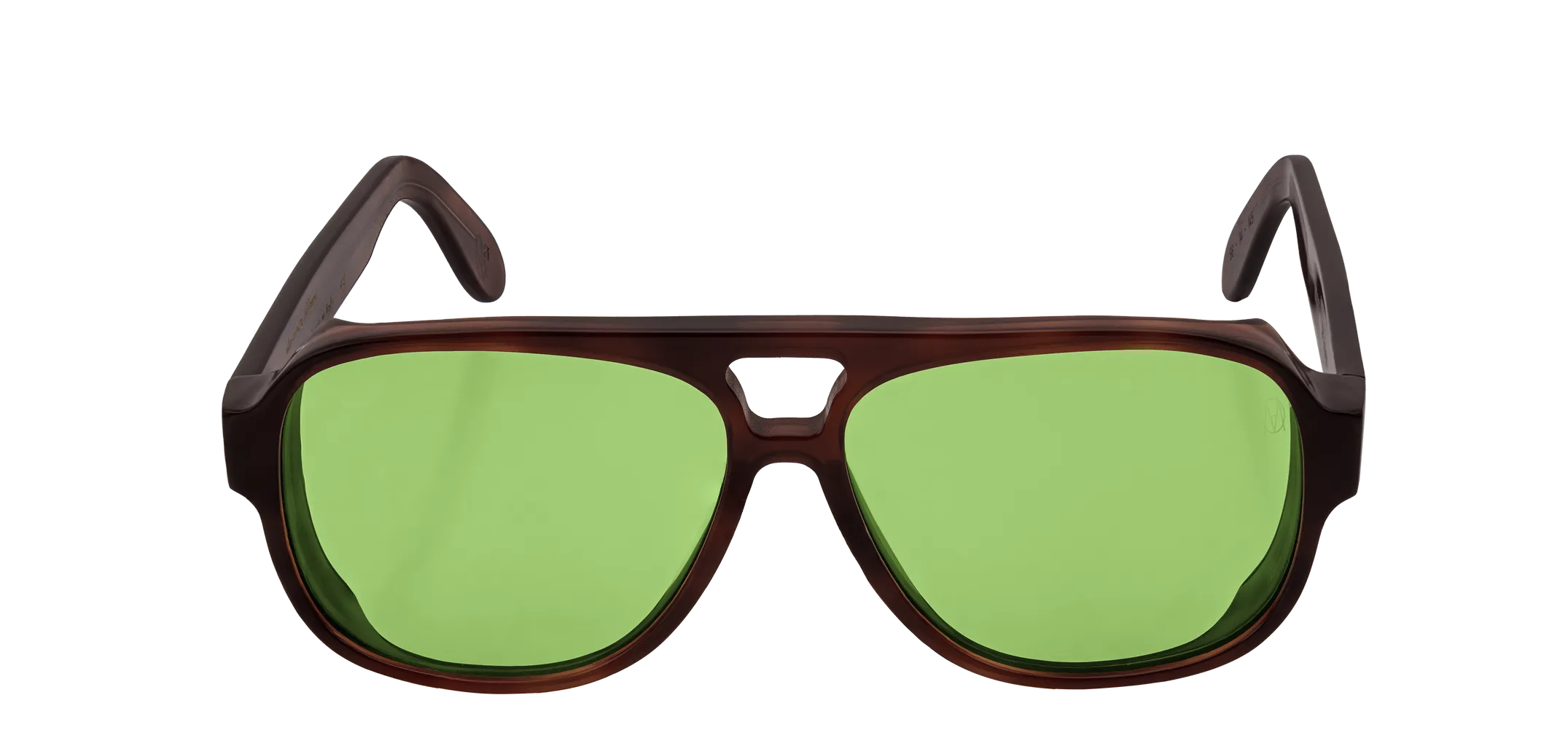 Vista frontale degli occhiali aviator modello Toulouse, con montatura tartarugata scura e lenti color verde chiaro, aperti