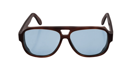 Vista frontale degli occhiali aviator modello Toulouse, con montatura tartarugata scura e lenti color azzurro, aperti