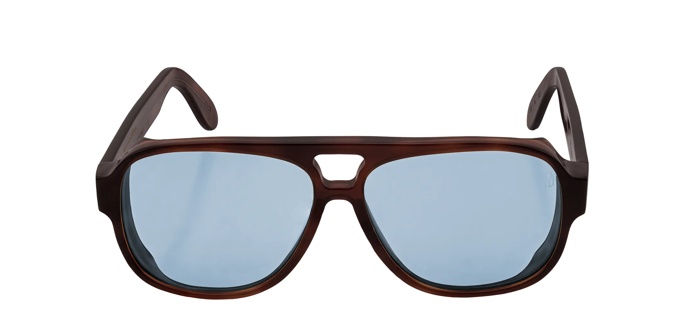 Vista frontale degli occhiali aviator modello Toulouse, con montatura tartarugata scura e lenti color azzurro, aperti