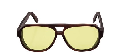Vista frontale degli occhiali aviator modello Toulouse, con montatura tartarugata scura e lenti color giallo, aperti