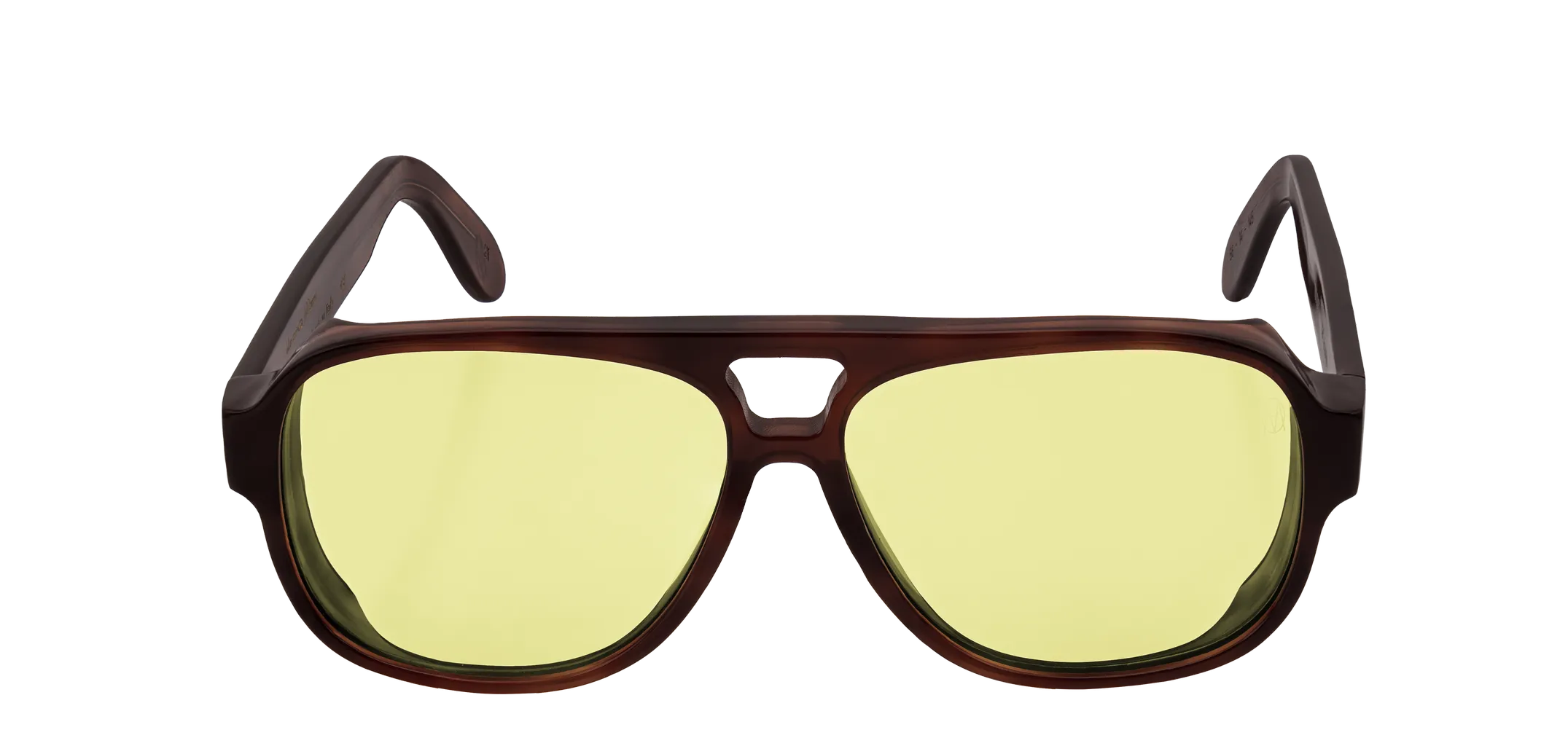 Vista frontale degli occhiali aviator modello Toulouse, con montatura tartarugata scura e lenti color giallo, aperti