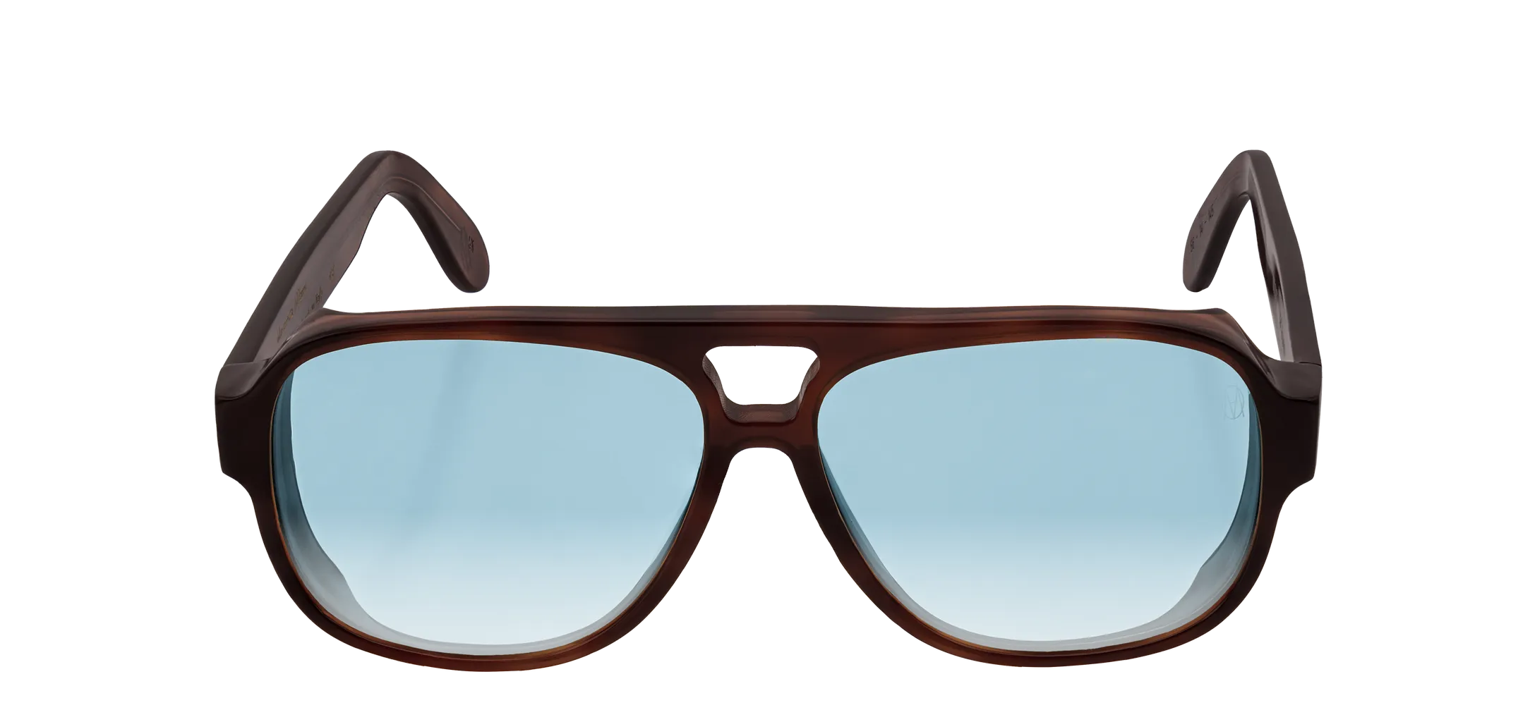 Vista frontale degli occhiali aviator modello Toulouse, con montatura tartarugata scura e lenti color azzurro sfumato, aperti