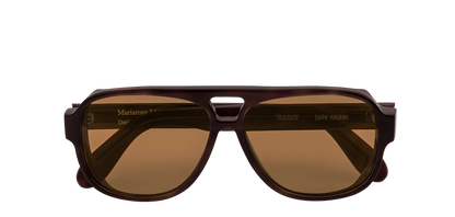 Vista frontale degli occhiali aviator modello Toulouse, con montatura tartarugata scura e lenti color marrone scuro, chiusi