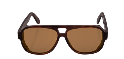 Vista frontale degli occhiali aviator modello Toulouse, con montatura tartarugata scura e lenti color marrone scuro, aperti