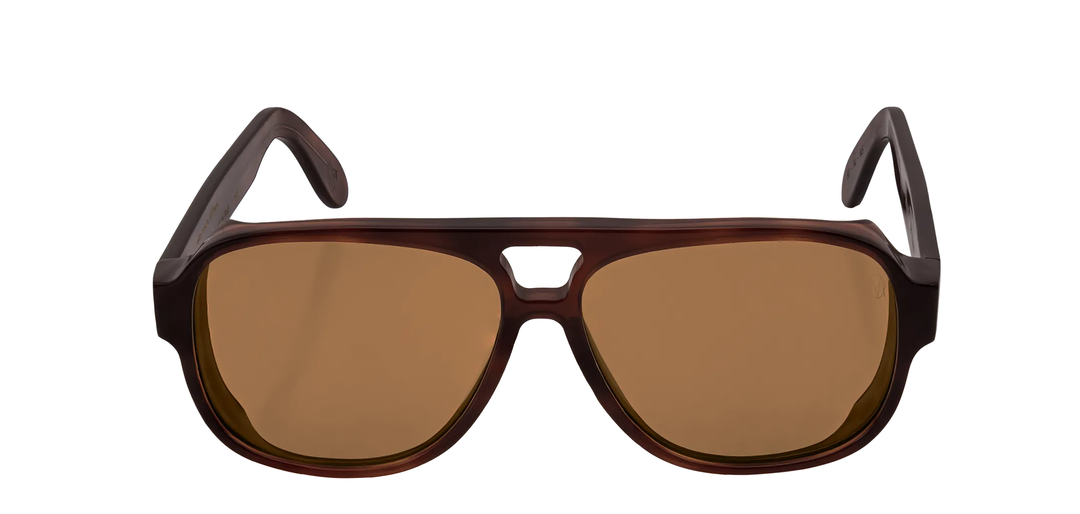 Vista frontale degli occhiali aviator modello Toulouse, con montatura tartarugata scura e lenti color marrone scuro, aperti