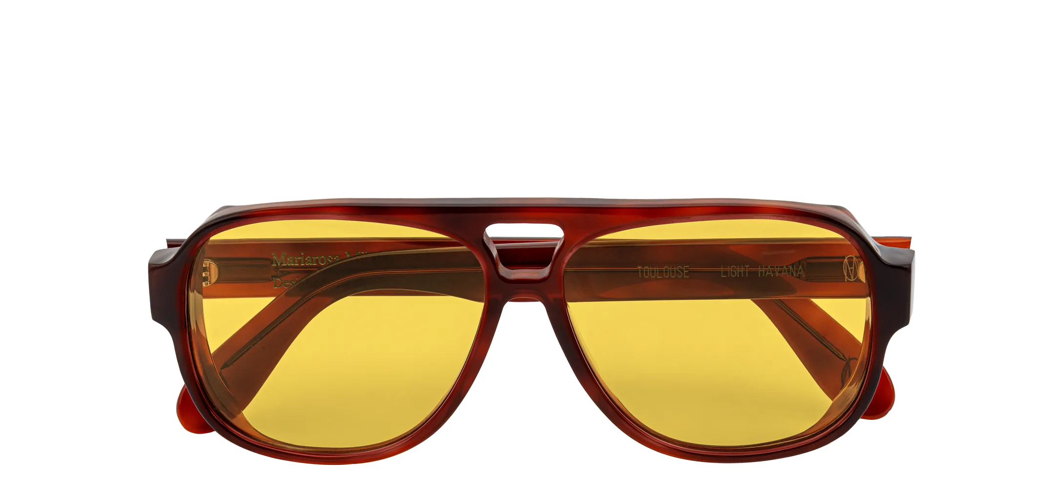 Vista frontale degli occhiali aviator modello Toulouse, con montatura tartarugata chiara e lenti color miele, chiusi