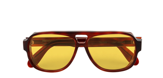 Vista frontale degli occhiali aviator modello Toulouse, con montatura tartarugata chiara e lenti color miele, chiusi