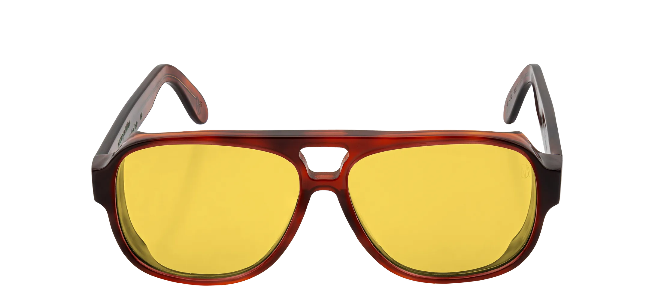 Vista frontale degli occhiali aviator modello Toulouse, con montatura tartarugata chiara e lenti color miele, aperti