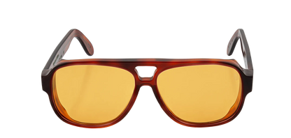 Vista frontale degli occhiali aviator modello Toulouse, con montatura tartarugata chiara e lenti color ambra, aperti