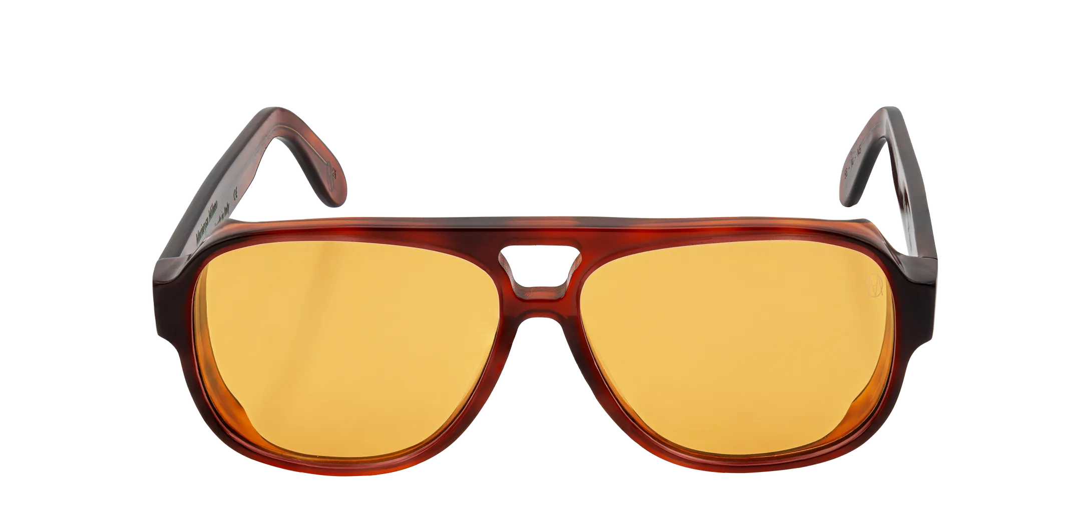 Vista frontale degli occhiali aviator modello Toulouse, con montatura tartarugata chiara e lenti color ambra, aperti
