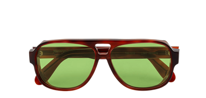 Vista frontale degli occhiali aviator modello Toulouse, con montatura tartarugata chiara e lenti color verde chiaro, chiusi