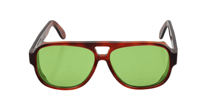 Vista frontale degli occhiali aviator modello Toulouse, con montatura tartarugata chiara e lenti color verde chiaro, aperti