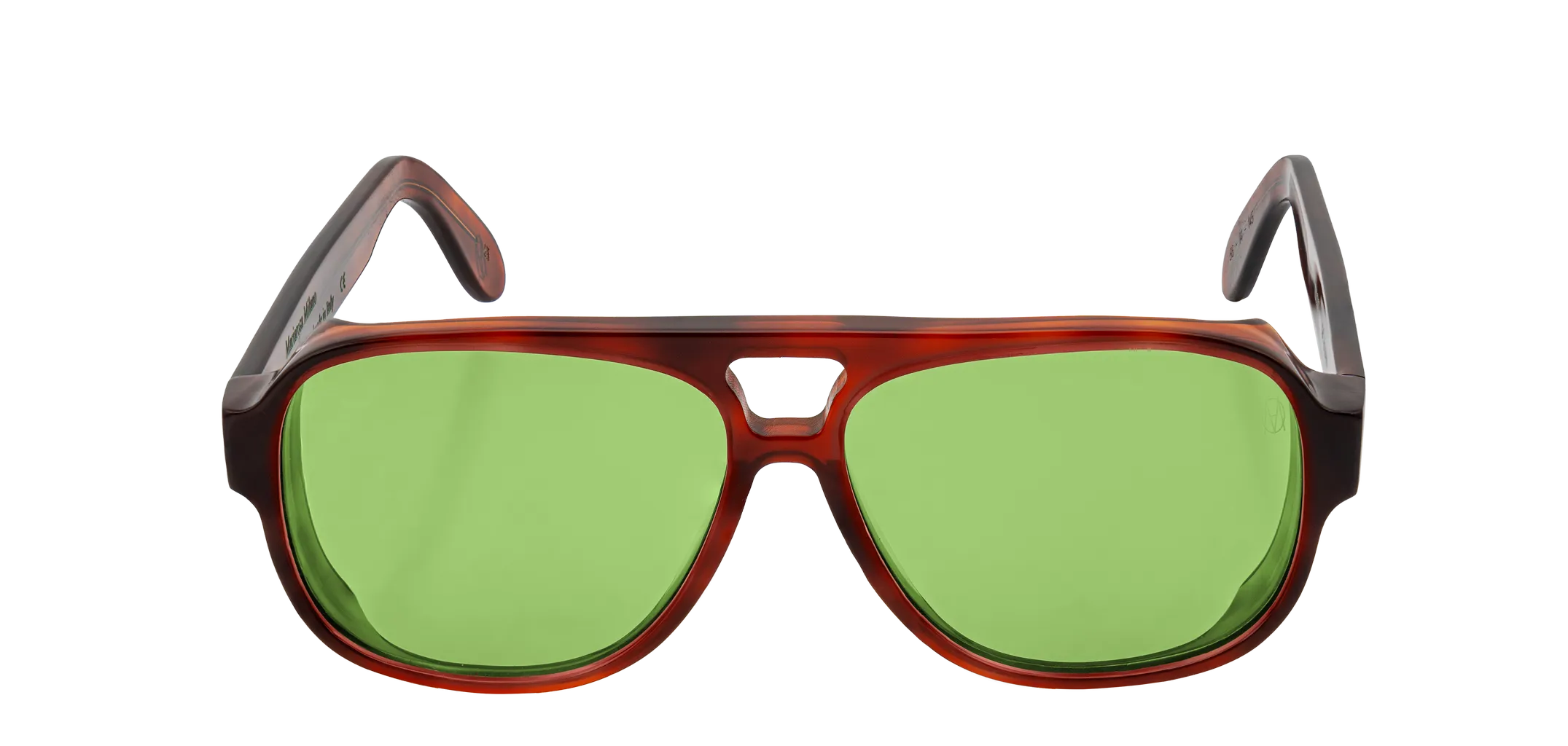 Vista frontale degli occhiali aviator modello Toulouse, con montatura tartarugata chiara e lenti color verde chiaro, aperti
