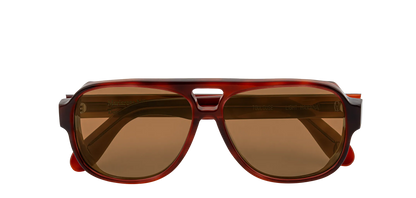 Vista frontale degli occhiali aviator modello Toulouse, con montatura tartarugata chiara e lenti color marrone scuro, chiusi