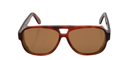 Vista frontale degli occhiali aviator modello Toulouse, con montatura tartarugata chiara e lenti color marrone scuro, aperti