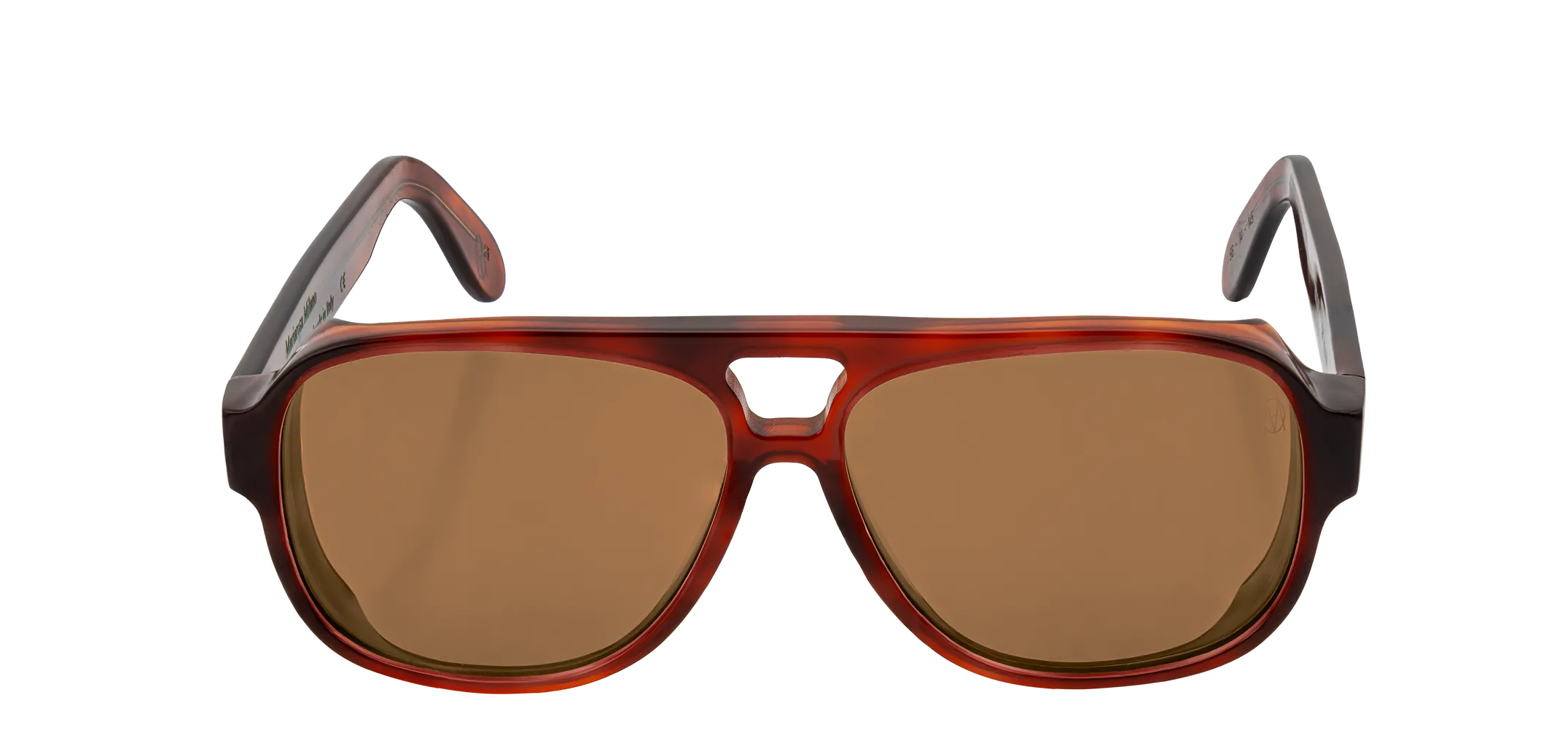 Vista frontale degli occhiali aviator modello Toulouse, con montatura tartarugata chiara e lenti color marrone scuro, aperti