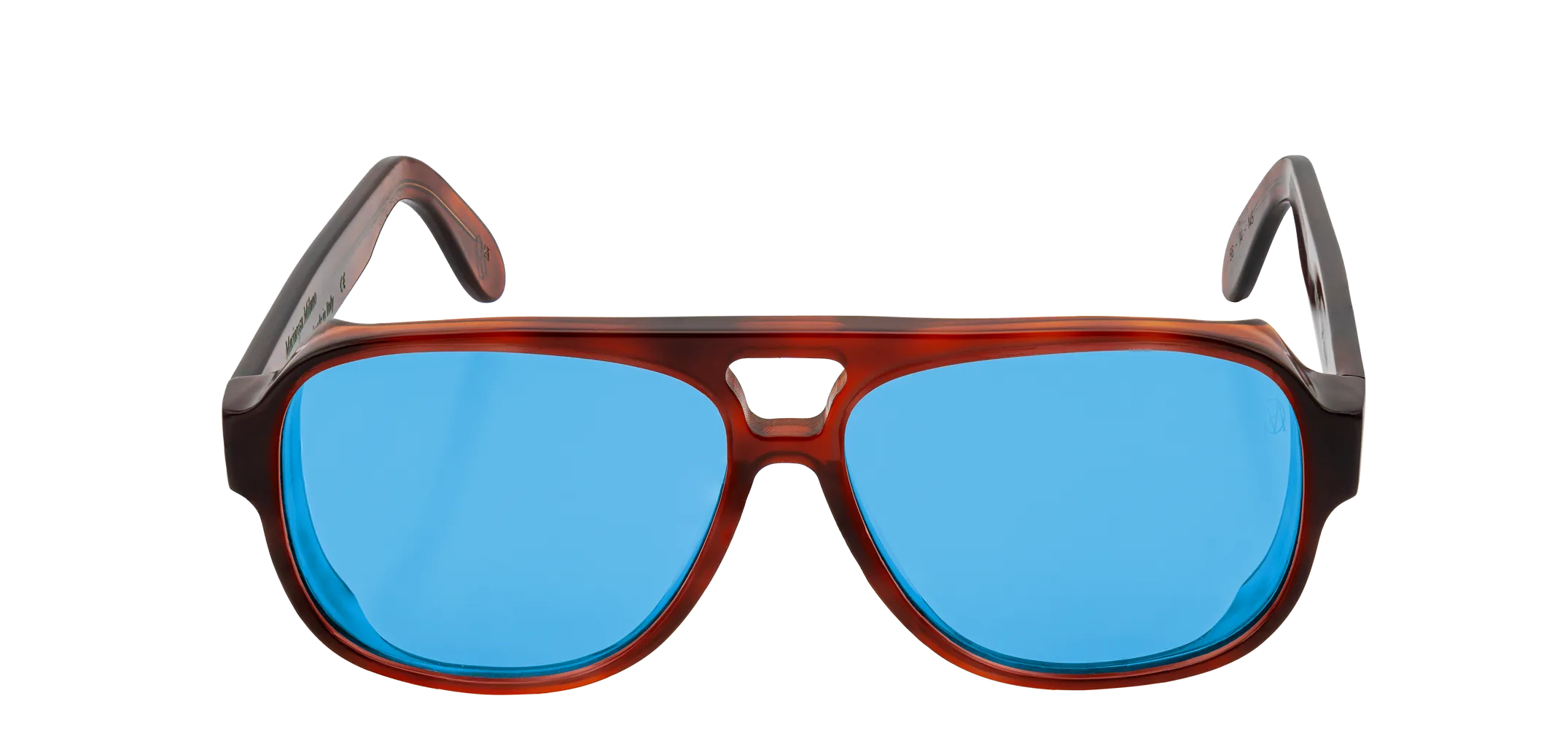 Vista frontale degli occhiali aviator modello Toulouse, con montatura tartarugata chiara e lenti color blu cobalto, aperti