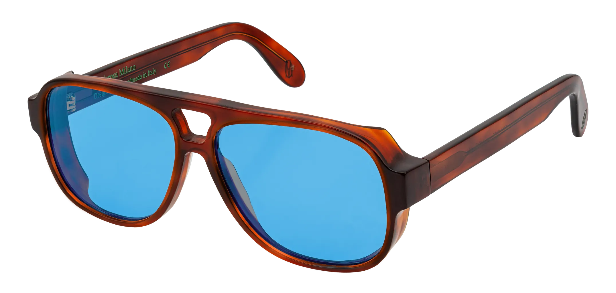 Vista a tre quarti degli occhiali aviator modello Toulouse, con montatura tartarugata chiara e lenti color blu cobalto, aperti