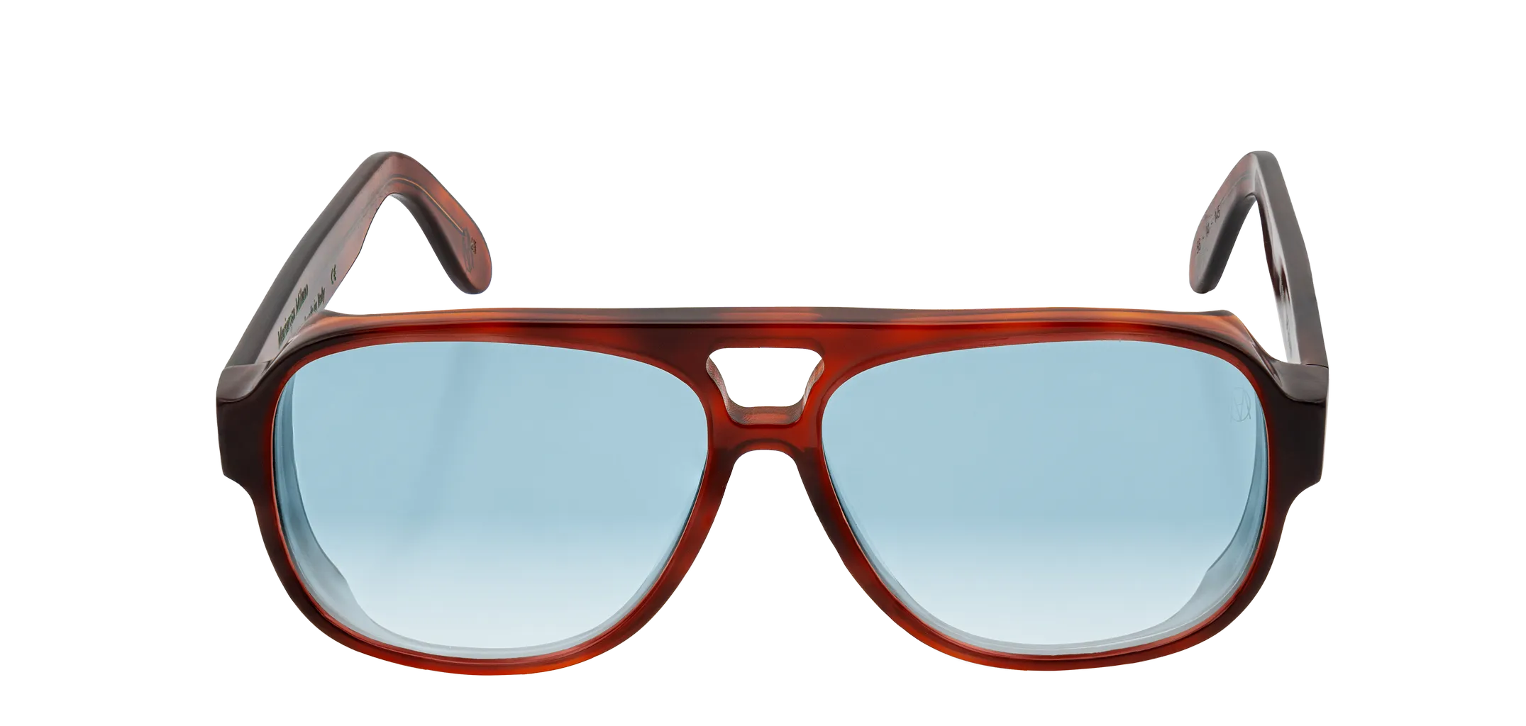 Vista frontale degli occhiali aviator modello Toulouse, con montatura tartarugata chiara e lenti color azzurro sfumato, aperti