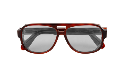 Vista frontale degli occhiali aviator modello Toulouse, con montatura tartarugata chiara e lenti color grigio chiaro, chiusi