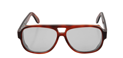 Vista frontale degli occhiali aviator modello Toulouse, con montatura tartarugata chiara e lenti color grigio chiaro, aperti
