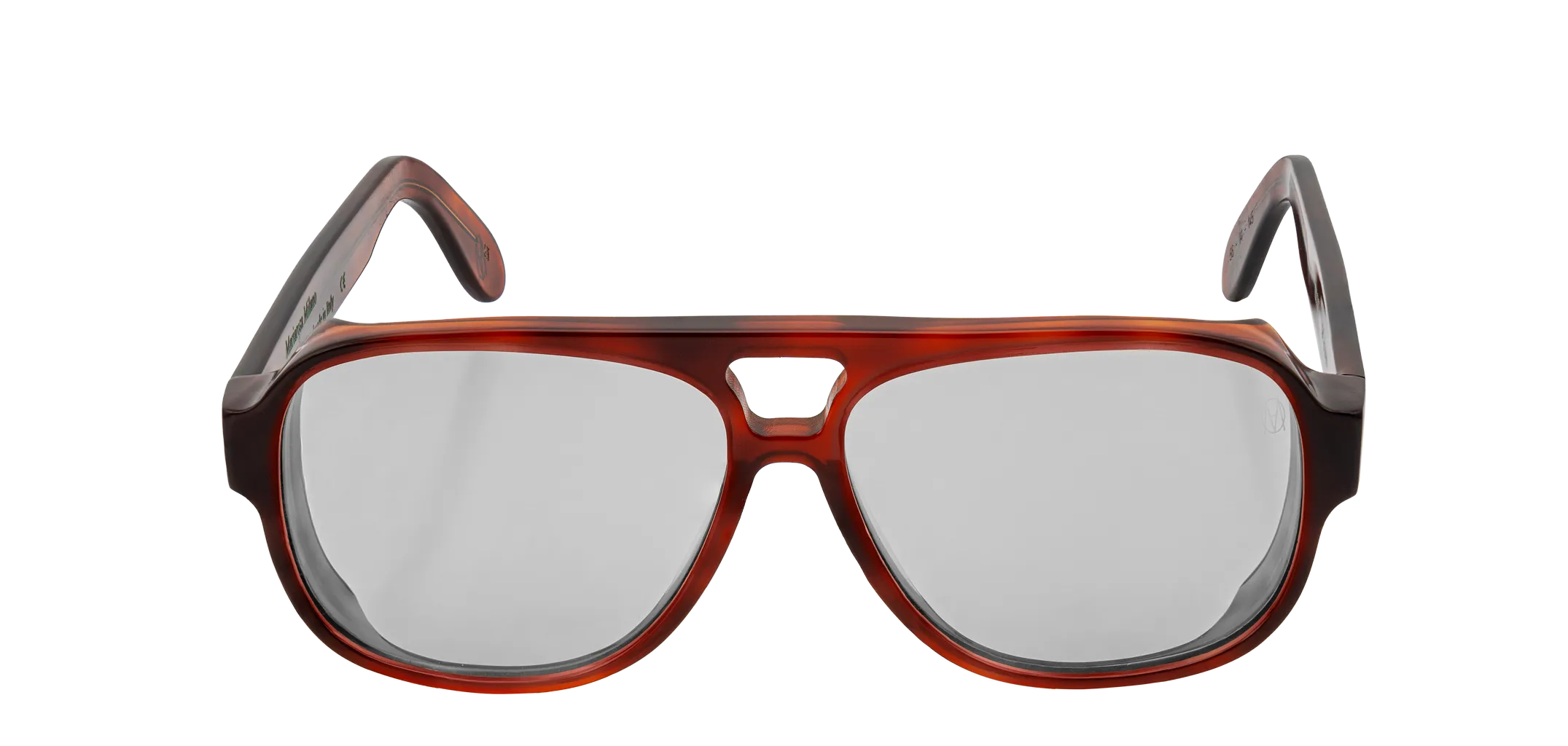 Vista frontale degli occhiali aviator modello Toulouse, con montatura tartarugata chiara e lenti color grigio chiaro, aperti