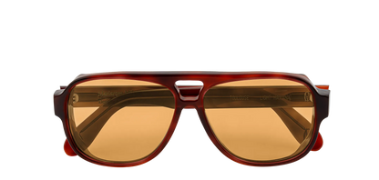 Vista frontale degli occhiali aviator modello Toulouse, con montatura tartarugata chiara e lenti color arancio, chiusi