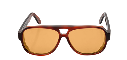 Vista frontale degli occhiali aviator modello Toulouse, con montatura tartarugata chiara e lenti color arancio, aperti