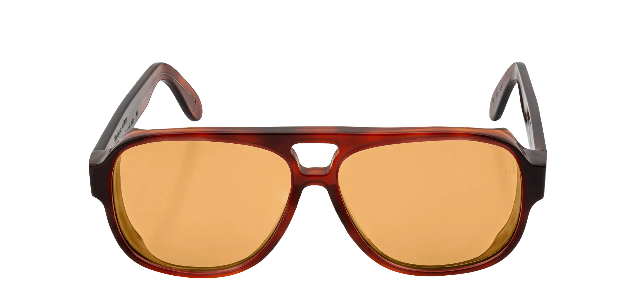 Vista frontale degli occhiali aviator modello Toulouse, con montatura tartarugata chiara e lenti color arancio, aperti